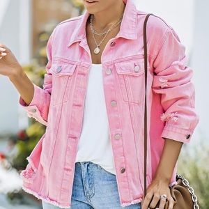 pink jean jacket oversized distressed hem jacket